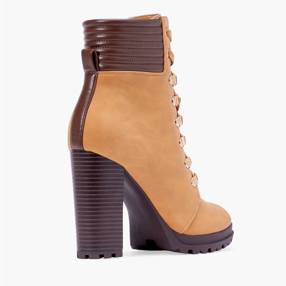 JUST FAB Shandee Tan Ankle Lace Up Block Heel Boots Chelsea Shoes Size 7 Wide - Picture 4 of 11